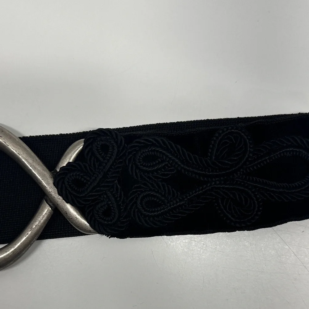 Suzi Roher Belt Velvet Velour Corded Stretch Metal Buckle Silver Black Large